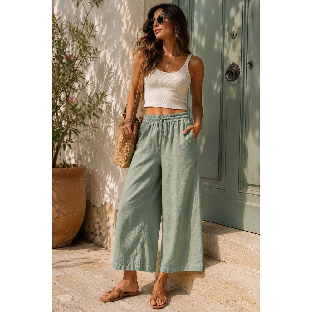 DKNY Pure Linen Blend Wide Leg Ankle Pants Sage Green Women’s M Pull On